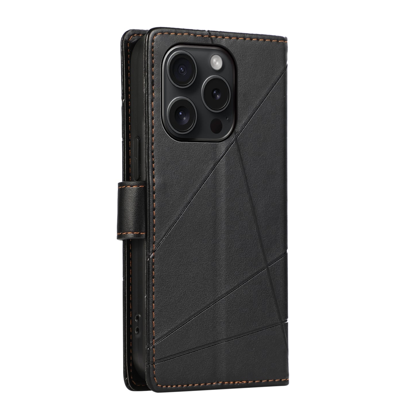iPhone 15 Pro PU Genuine Leather Texture Embossed Line Phone Case with Card Wallet, Kickstand & Wrist Strap
