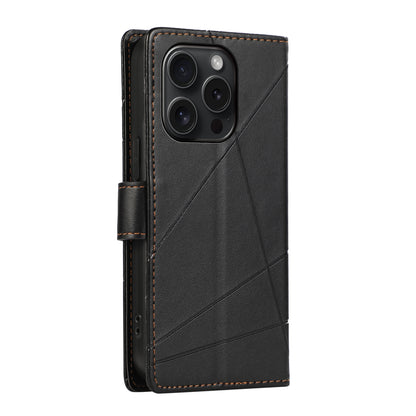 iPhone 15 Pro PU Genuine Leather Texture Embossed Line Phone Case with Card Wallet, Kickstand & Wrist Strap