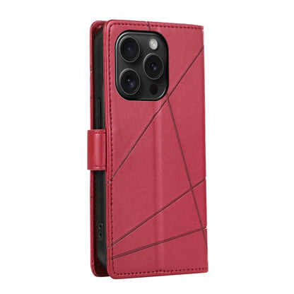 iPhone 15 Pro PU Genuine Leather Texture Embossed Line Phone Case with Card Wallet, Kickstand & Wrist Strap