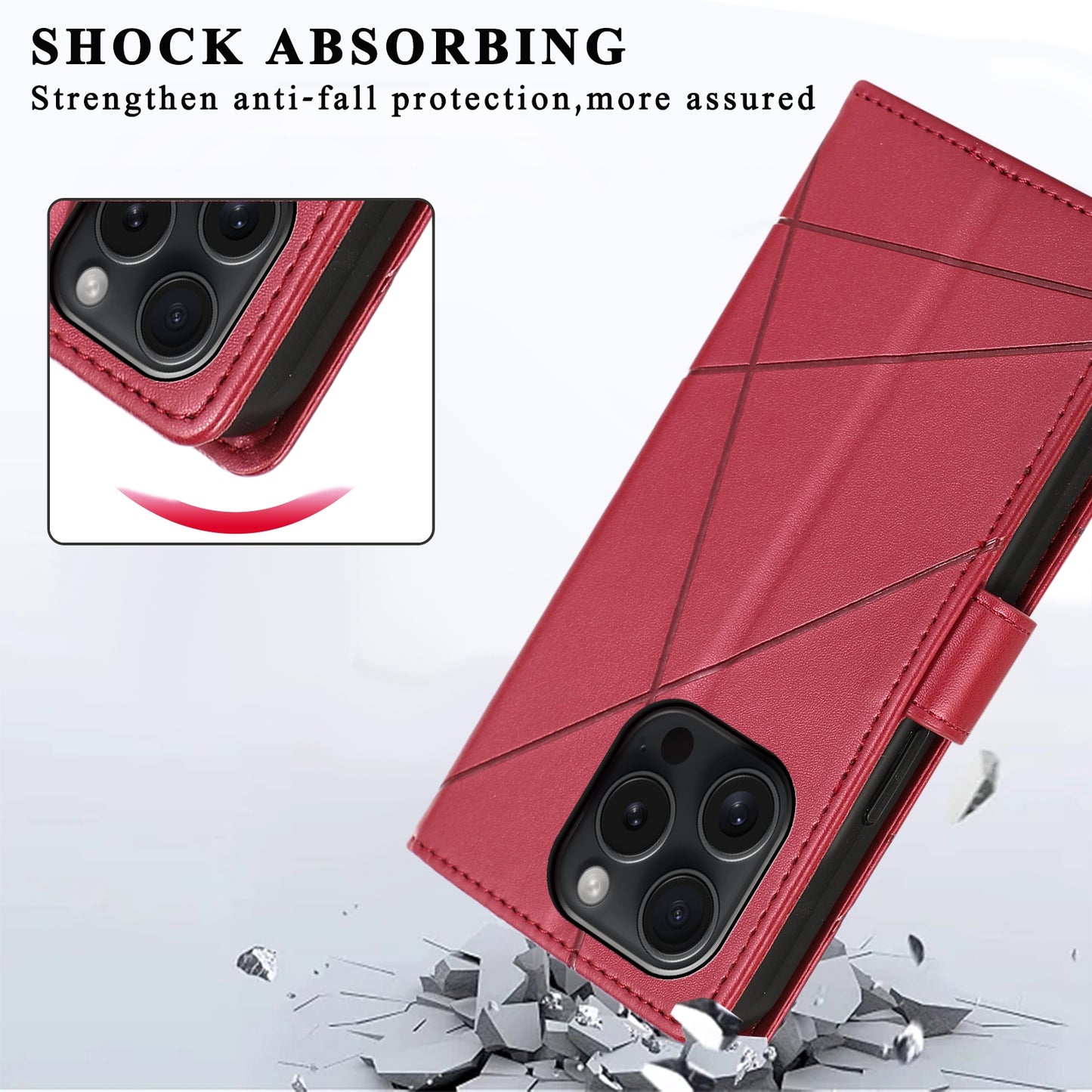 iPhone 15 Pro PU Genuine Leather Texture Embossed Line Phone Case with Card Wallet, Kickstand & Wrist Strap