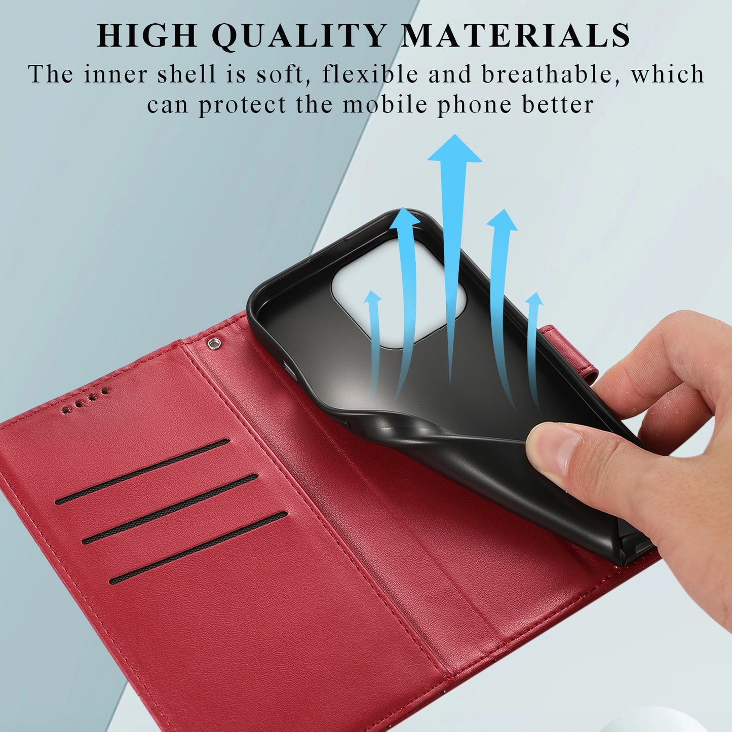 iPhone 15 Pro PU Genuine Leather Texture Embossed Line Phone Case with Card Wallet, Kickstand & Wrist Strap