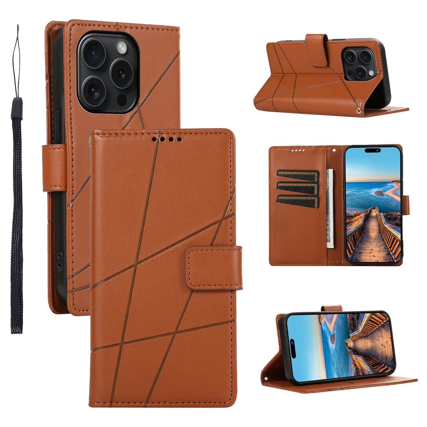 iPhone 15 Pro PU Genuine Leather Texture Embossed Line Phone Case with Card Wallet, Kickstand & Wrist Strap