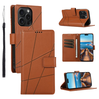 iPhone 15 Pro PU Genuine Leather Texture Embossed Line Phone Case with Card Wallet, Kickstand & Wrist Strap