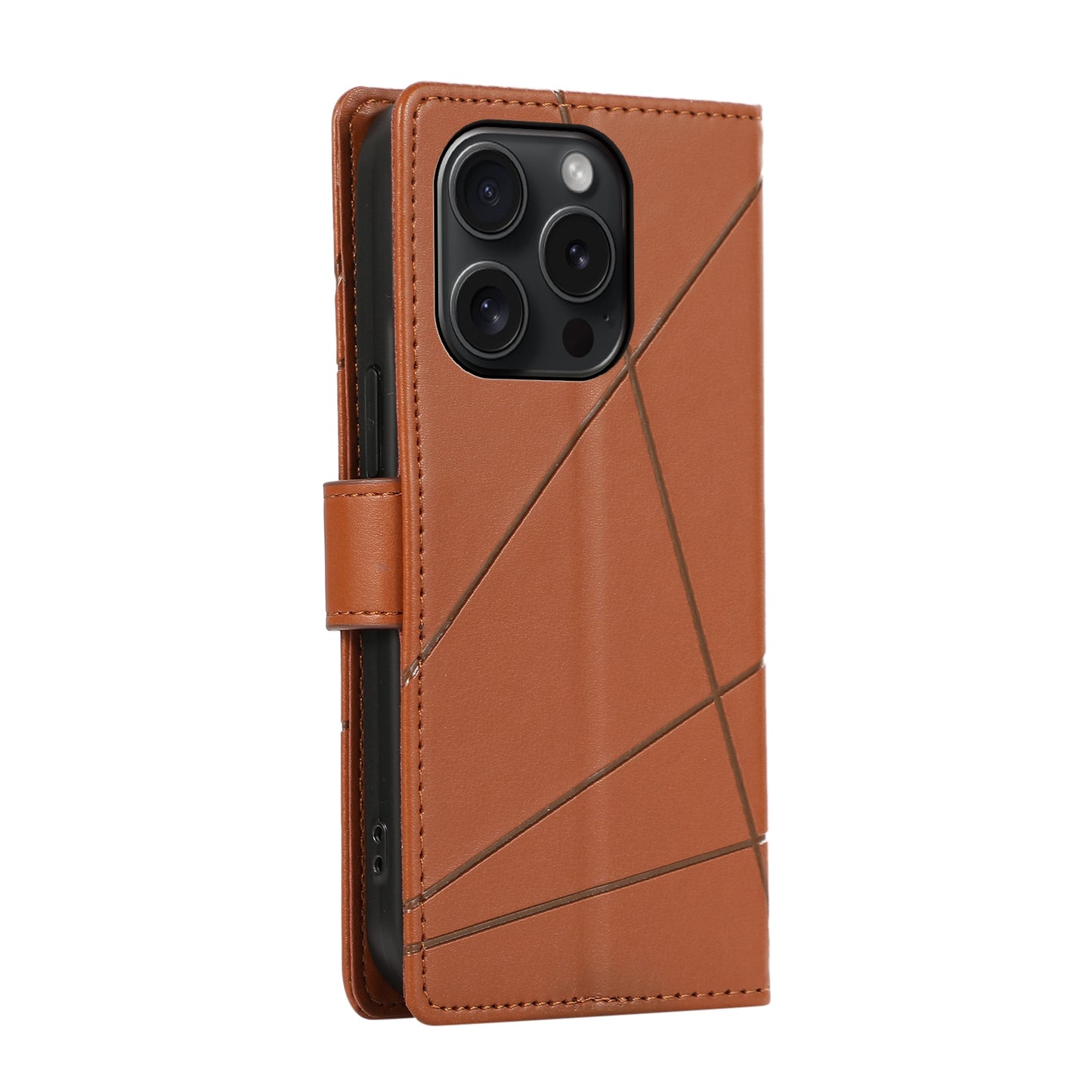 iPhone 15 Pro PU Genuine Leather Texture Embossed Line Phone Case with Card Wallet, Kickstand & Wrist Strap