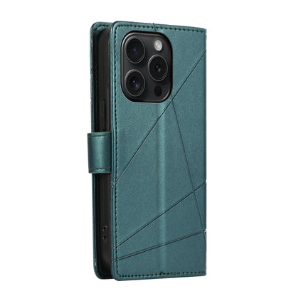 iPhone 15 Pro PU Genuine Leather Texture Embossed Line Phone Case with Card Wallet, Kickstand & Wrist Strap
