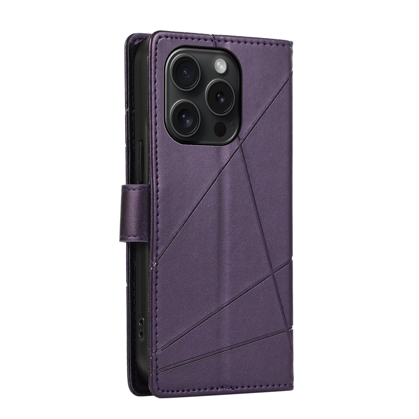 iPhone 15 Pro PU Genuine Leather Texture Embossed Line Phone Case with Card Wallet, Kickstand & Wrist Strap