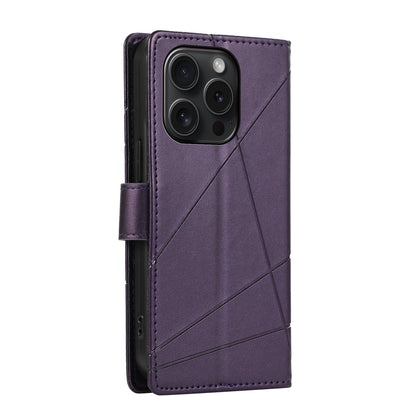 iPhone 15 Pro PU Genuine Leather Texture Embossed Line Phone Case with Card Wallet, Kickstand & Wrist Strap