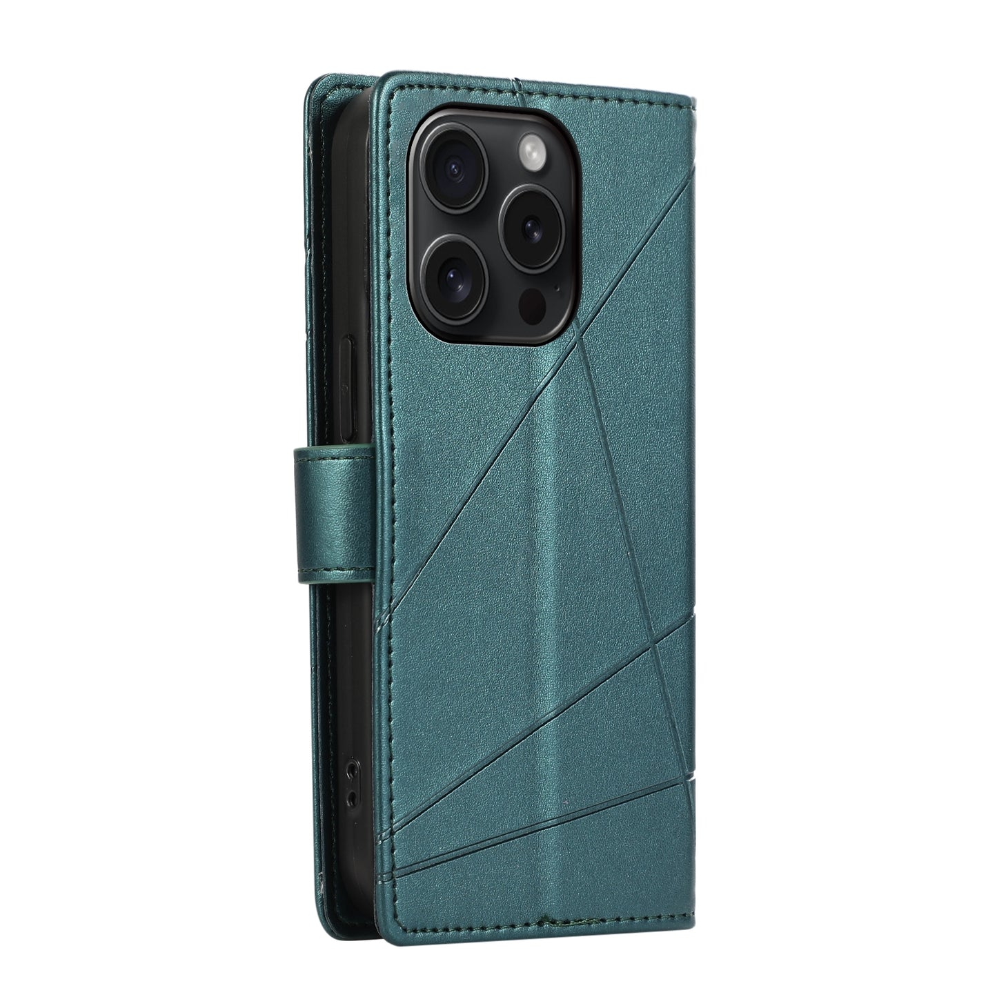 iPhone 15 Pro Max PU Genuine Leather Texture Embossed Line Phone Case with Card Wallet, Kickstand & Wrist Strap