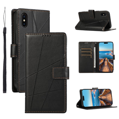 iPhone X/XS PU Genuine Leather Texture Embossed Line Phone Case with Card Wallet, Kickstand & Wrist Strap