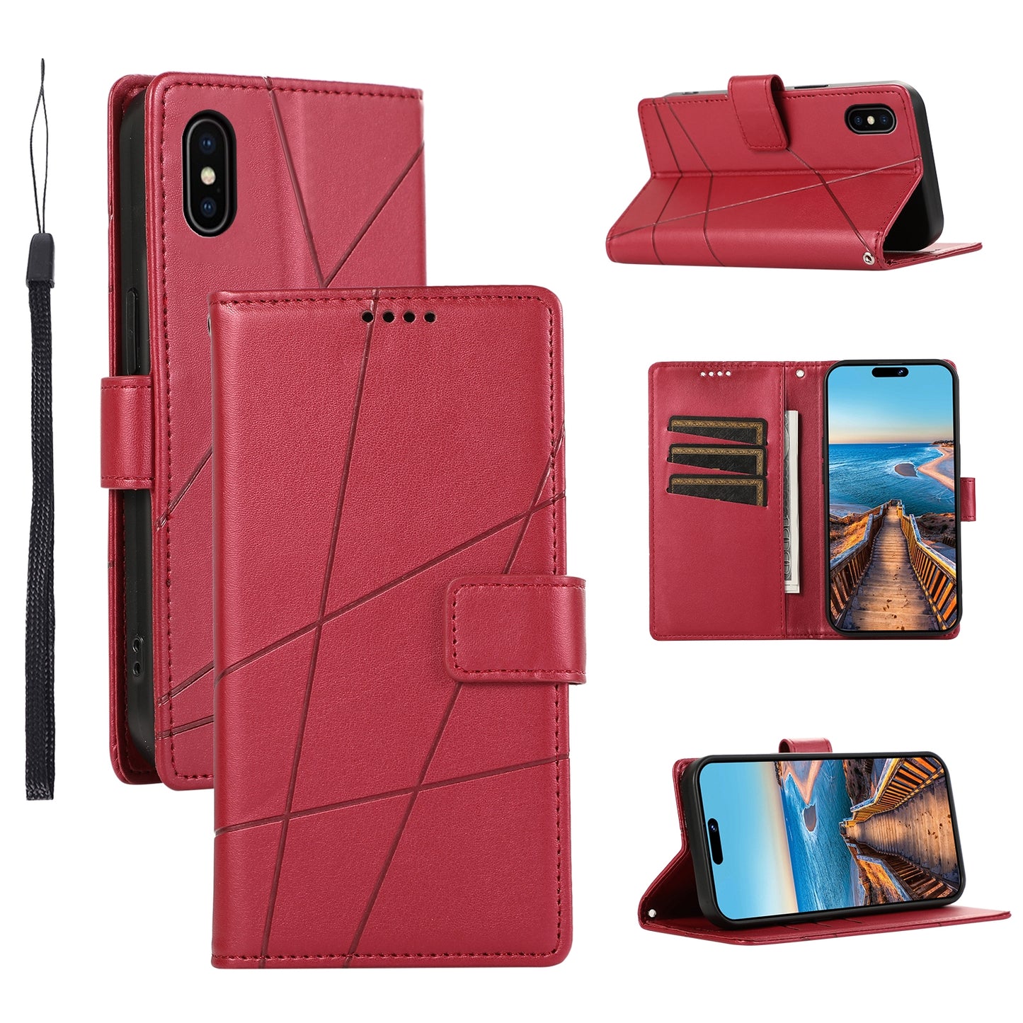 iPhone X/XS PU Genuine Leather Texture Embossed Line Phone Case with Card Wallet, Kickstand & Wrist Strap