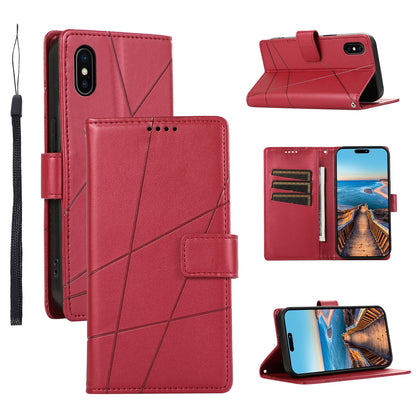 iPhone X/XS PU Genuine Leather Texture Embossed Line Phone Case with Card Wallet, Kickstand & Wrist Strap