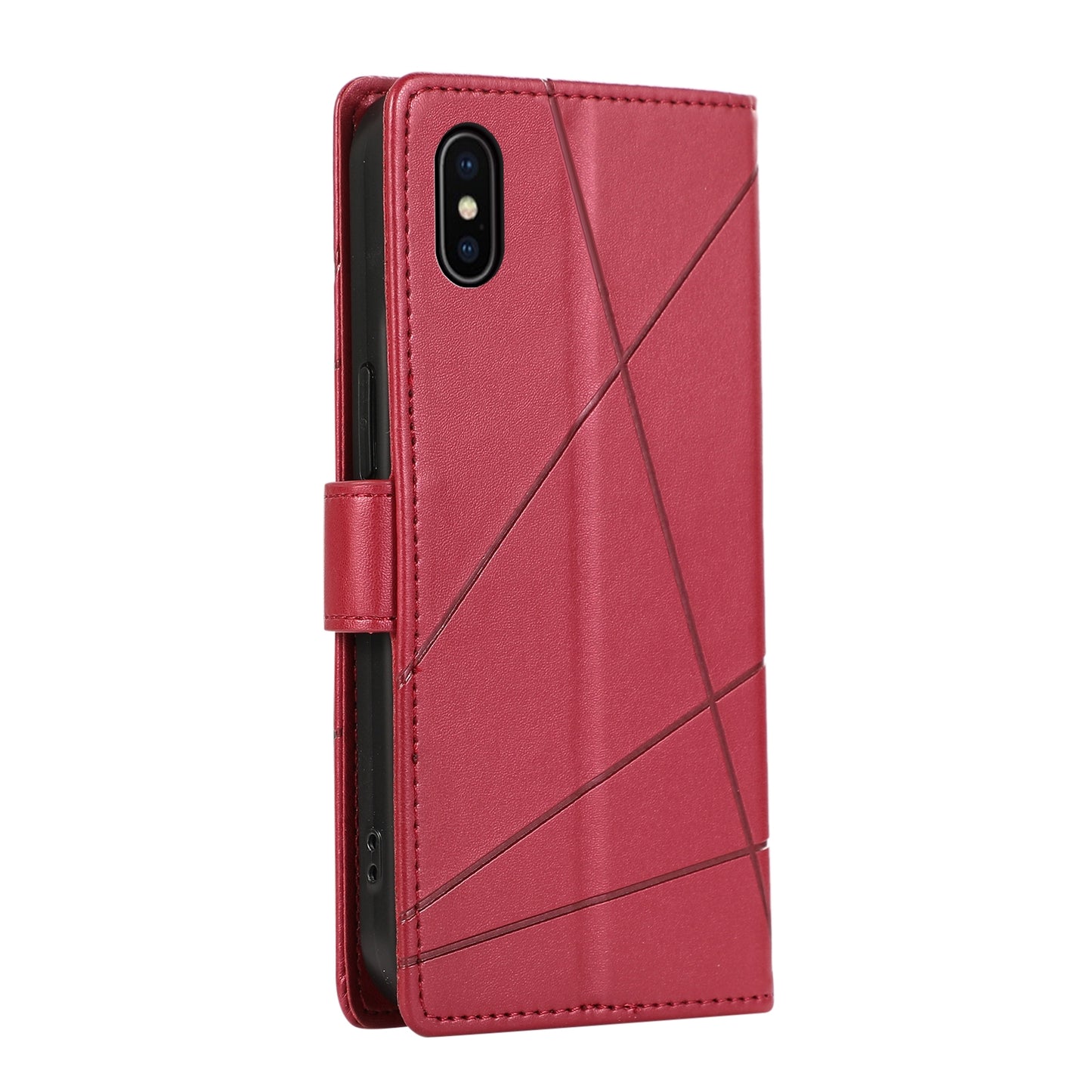 iPhone X/XS PU Genuine Leather Texture Embossed Line Phone Case with Card Wallet, Kickstand & Wrist Strap
