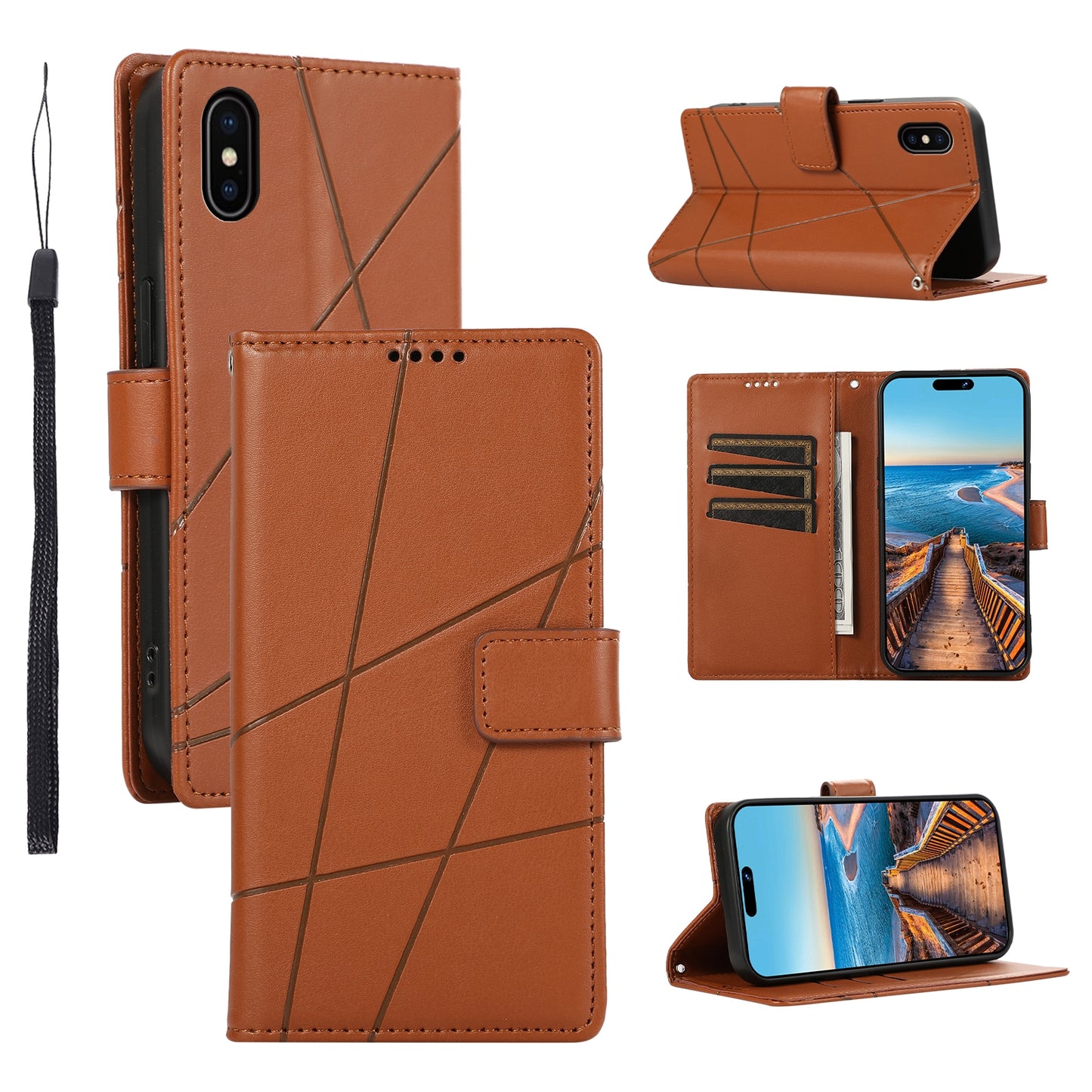 iPhone X/XS PU Genuine Leather Texture Embossed Line Phone Case with Card Wallet, Kickstand & Wrist Strap