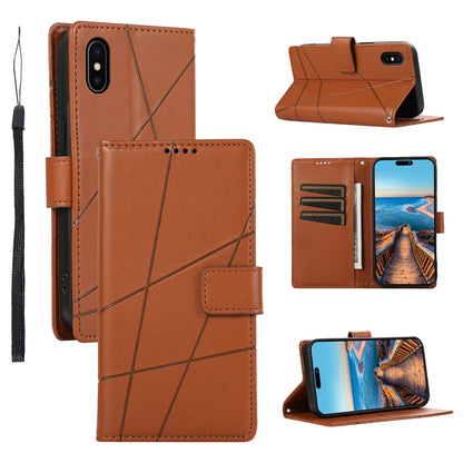 iPhone X/XS PU Genuine Leather Texture Embossed Line Phone Case with Card Wallet, Kickstand & Wrist Strap