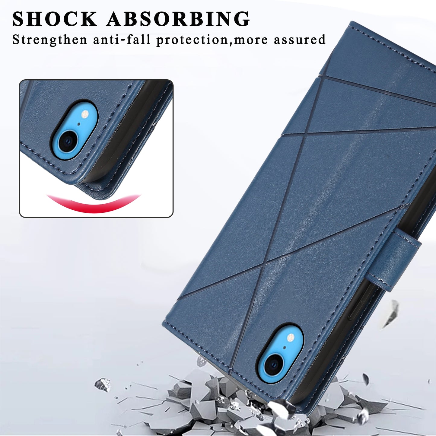 iPhone XR PU Genuine Leather Texture Embossed Line Phone Case with Card Wallet, Kickstand & Wrist Strap