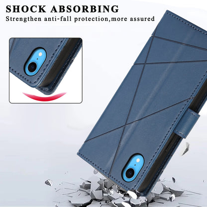 iPhone XR PU Genuine Leather Texture Embossed Line Phone Case with Card Wallet, Kickstand & Wrist Strap