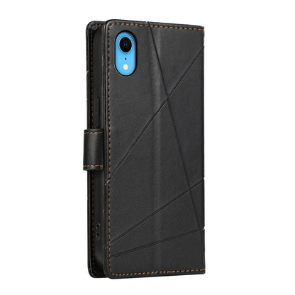 iPhone XR PU Genuine Leather Texture Embossed Line Phone Case with Card Wallet, Kickstand & Wrist Strap