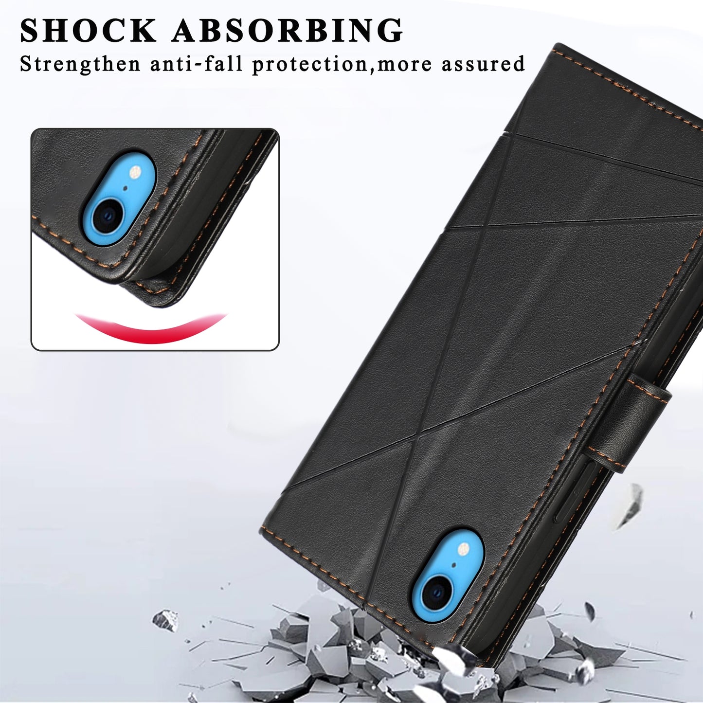 iPhone XR PU Genuine Leather Texture Embossed Line Phone Case with Card Wallet, Kickstand & Wrist Strap