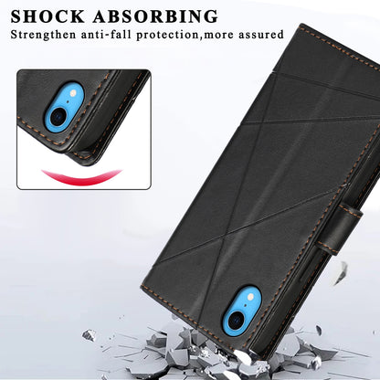 iPhone XR PU Genuine Leather Texture Embossed Line Phone Case with Card Wallet, Kickstand & Wrist Strap