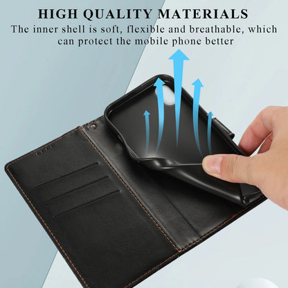 iPhone XR PU Genuine Leather Texture Embossed Line Phone Case with Card Wallet, Kickstand & Wrist Strap