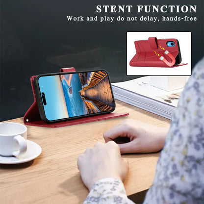 iPhone XR PU Genuine Leather Texture Embossed Line Phone Case with Card Wallet, Kickstand & Wrist Strap