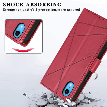 iPhone XR PU Genuine Leather Texture Embossed Line Phone Case with Card Wallet, Kickstand & Wrist Strap