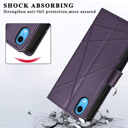 iPhone XR PU Genuine Leather Texture Embossed Line Phone Case with Card Wallet, Kickstand & Wrist Strap