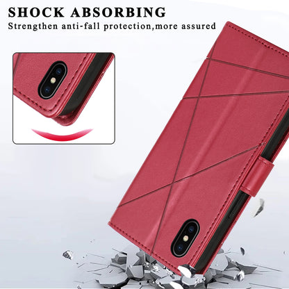 iPhone XS Max PU Genuine Leather Texture Embossed Line Phone Case with Card Wallet, Kickstand & Wrist Strap