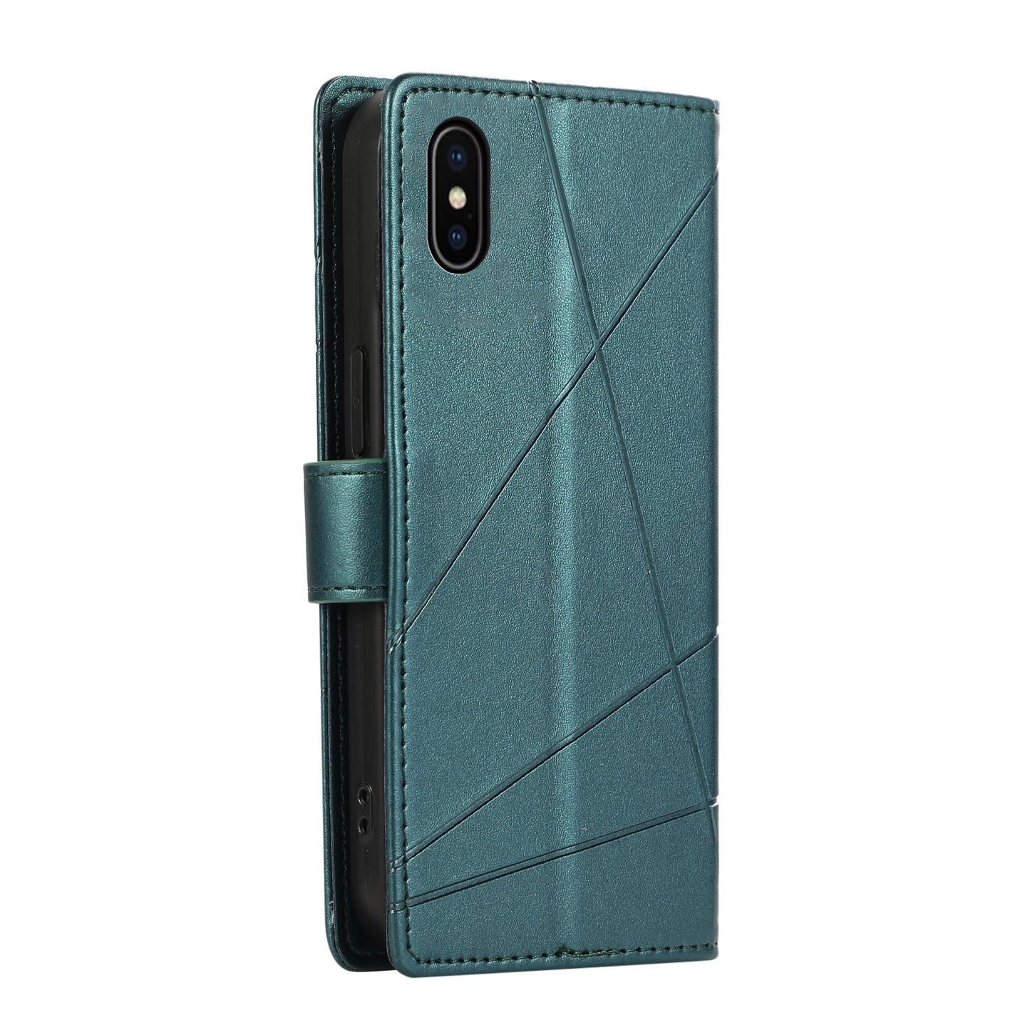 iPhone XS Max PU Genuine Leather Texture Embossed Line Phone Case with Card Wallet, Kickstand & Wrist Strap