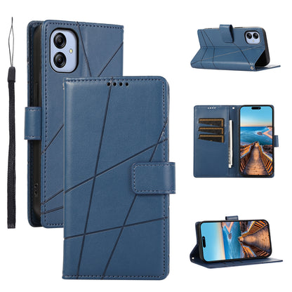 Samsung Galaxy A04e PU Genuine Leather Texture Embossed Line Phone Case with Card Wallet, Kickstand & Wrist Strap