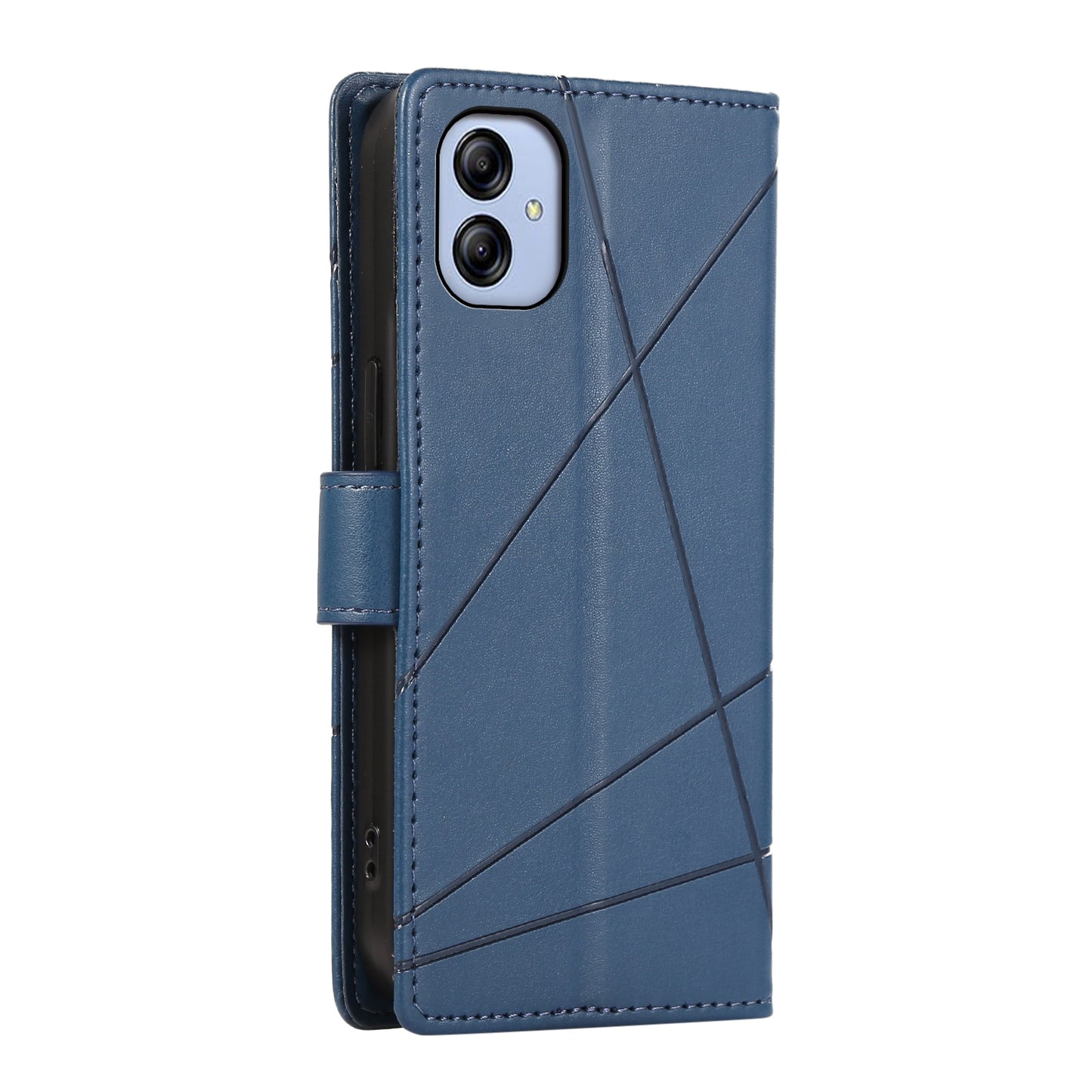 Samsung Galaxy A04e PU Genuine Leather Texture Embossed Line Phone Case with Card Wallet, Kickstand & Wrist Strap