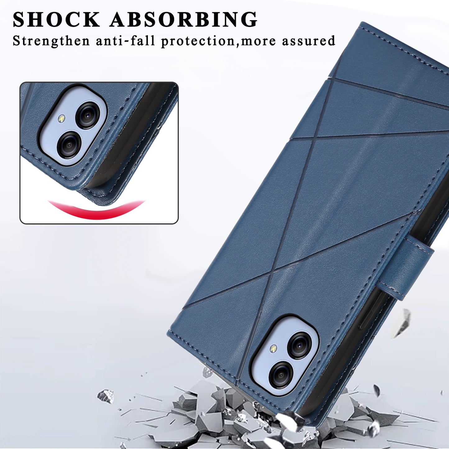 Samsung Galaxy A04e PU Genuine Leather Texture Embossed Line Phone Case with Card Wallet, Kickstand & Wrist Strap