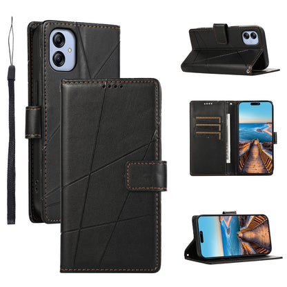 Samsung Galaxy A04e PU Genuine Leather Texture Embossed Line Phone Case with Card Wallet, Kickstand & Wrist Strap