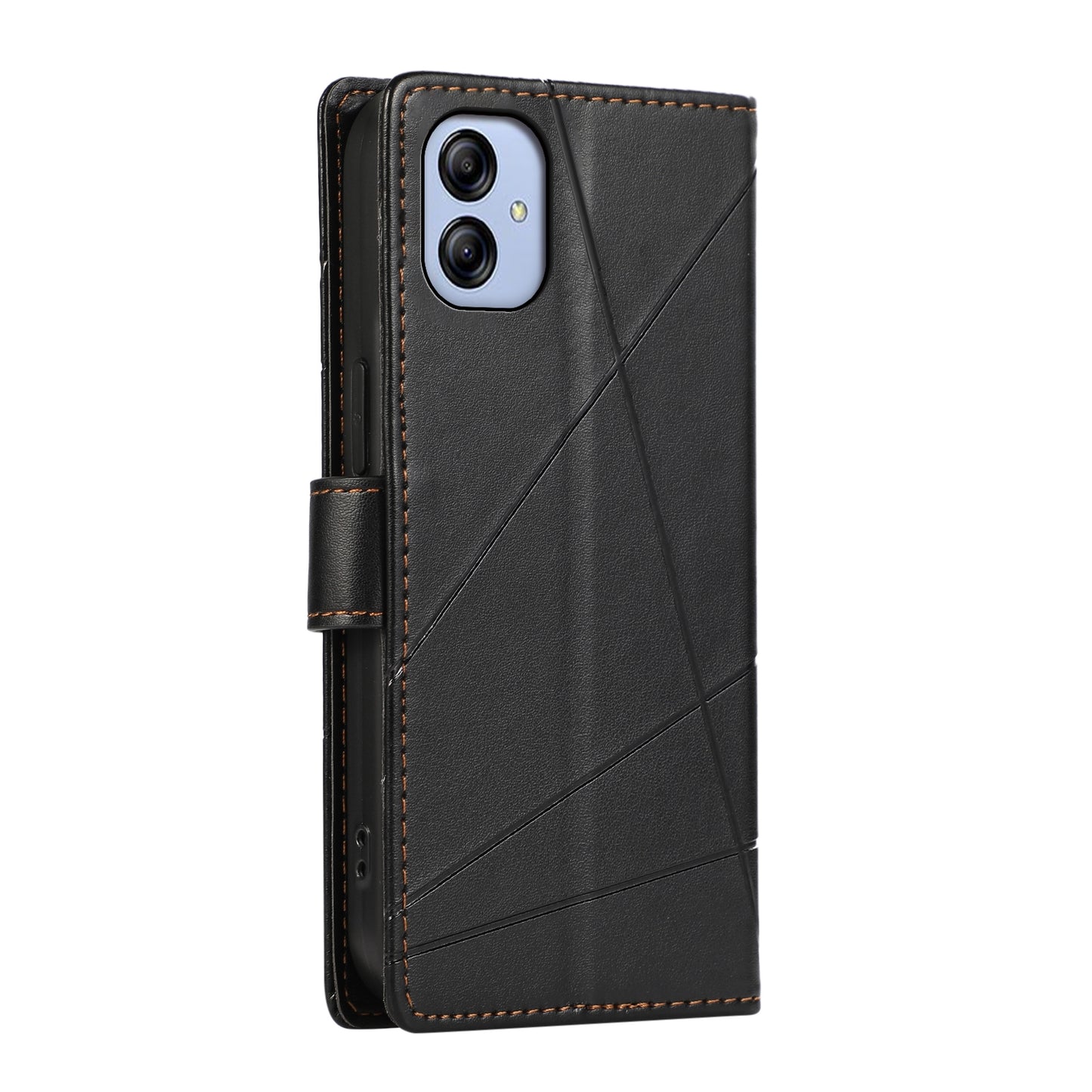 Samsung Galaxy A04e PU Genuine Leather Texture Embossed Line Phone Case with Card Wallet, Kickstand & Wrist Strap
