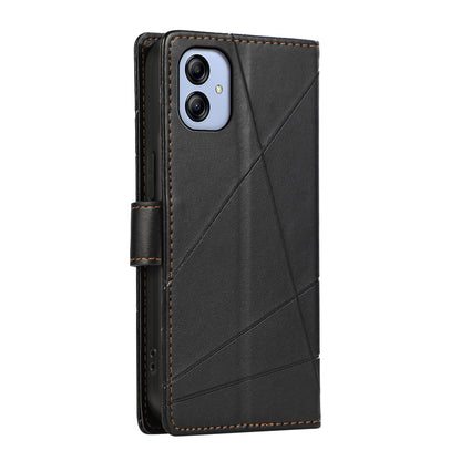 Samsung Galaxy A04e PU Genuine Leather Texture Embossed Line Phone Case with Card Wallet, Kickstand & Wrist Strap