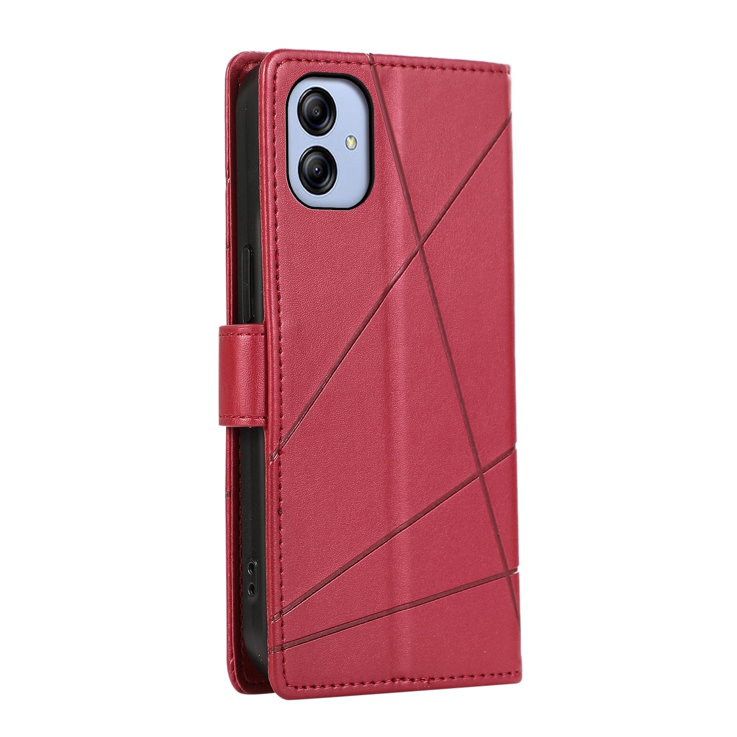 Samsung Galaxy A04e PU Genuine Leather Texture Embossed Line Phone Case with Card Wallet, Kickstand & Wrist Strap