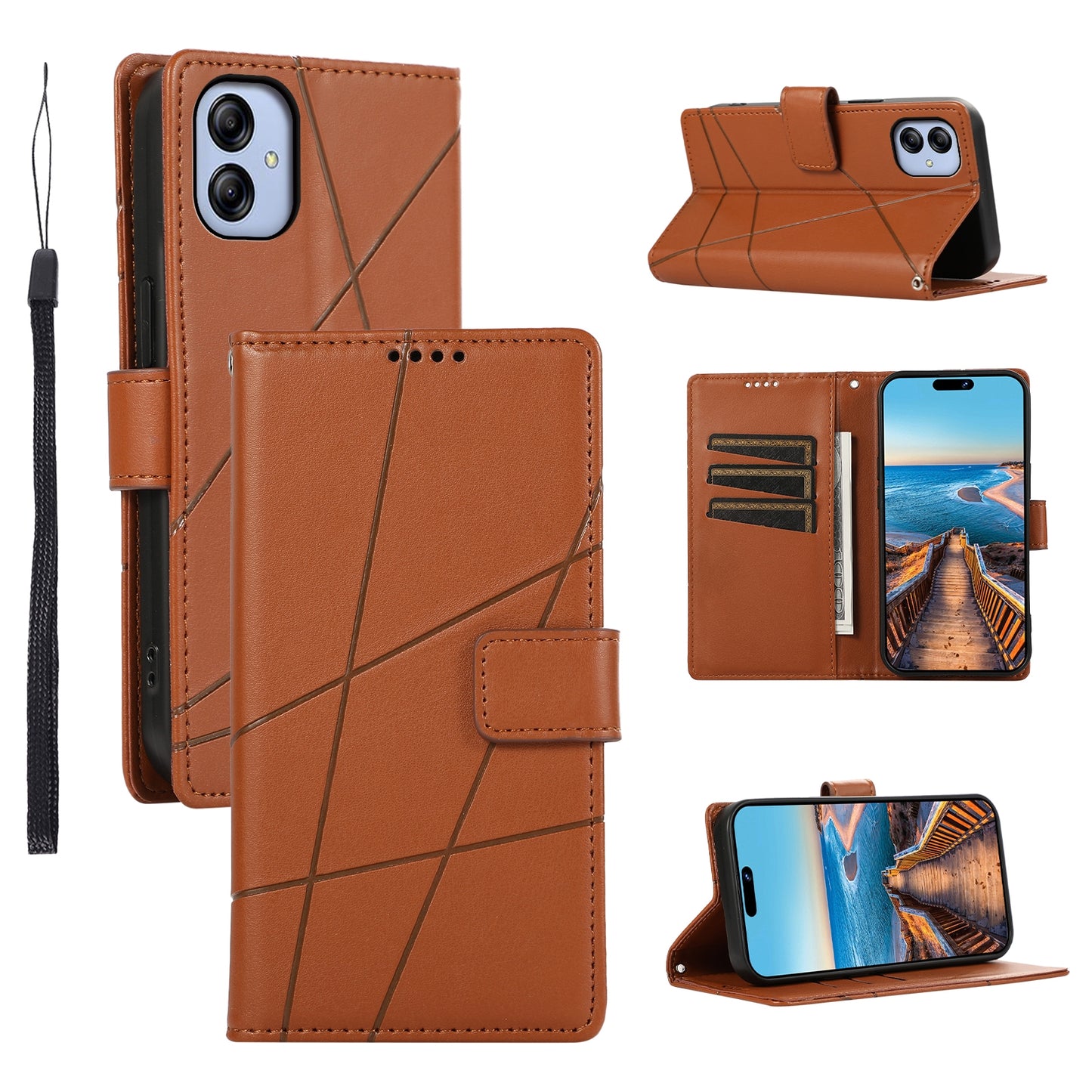 Samsung Galaxy A04e PU Genuine Leather Texture Embossed Line Phone Case with Card Wallet, Kickstand & Wrist Strap