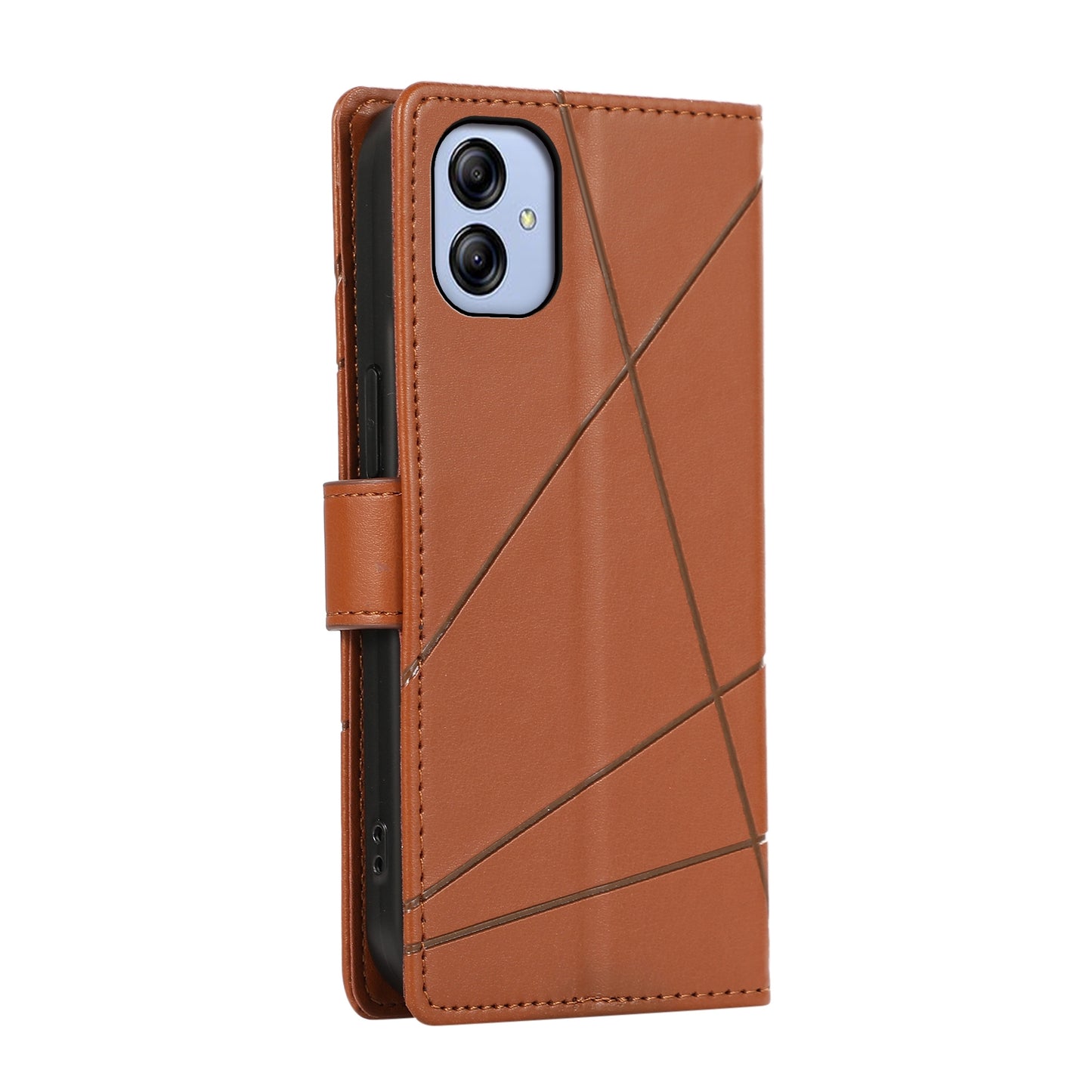 Samsung Galaxy A04e PU Genuine Leather Texture Embossed Line Phone Case with Card Wallet, Kickstand & Wrist Strap