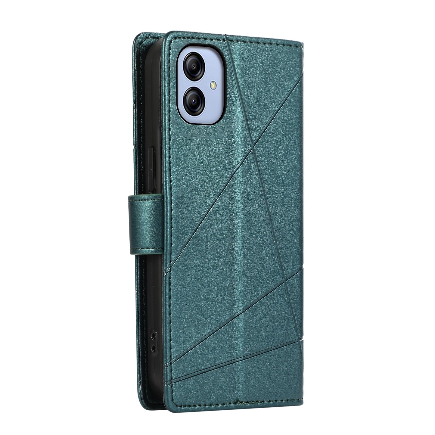 Samsung Galaxy A04e PU Genuine Leather Texture Embossed Line Phone Case with Card Wallet, Kickstand & Wrist Strap