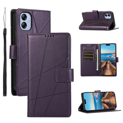 Samsung Galaxy A04e PU Genuine Leather Texture Embossed Line Phone Case with Card Wallet, Kickstand & Wrist Strap