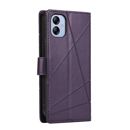 Samsung Galaxy A04e PU Genuine Leather Texture Embossed Line Phone Case with Card Wallet, Kickstand & Wrist Strap
