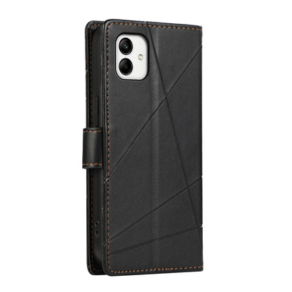 Samsung Galaxy A05 PU Genuine Leather Texture Embossed Line Phone Case with Card Wallet, Kickstand & Wrist Strap