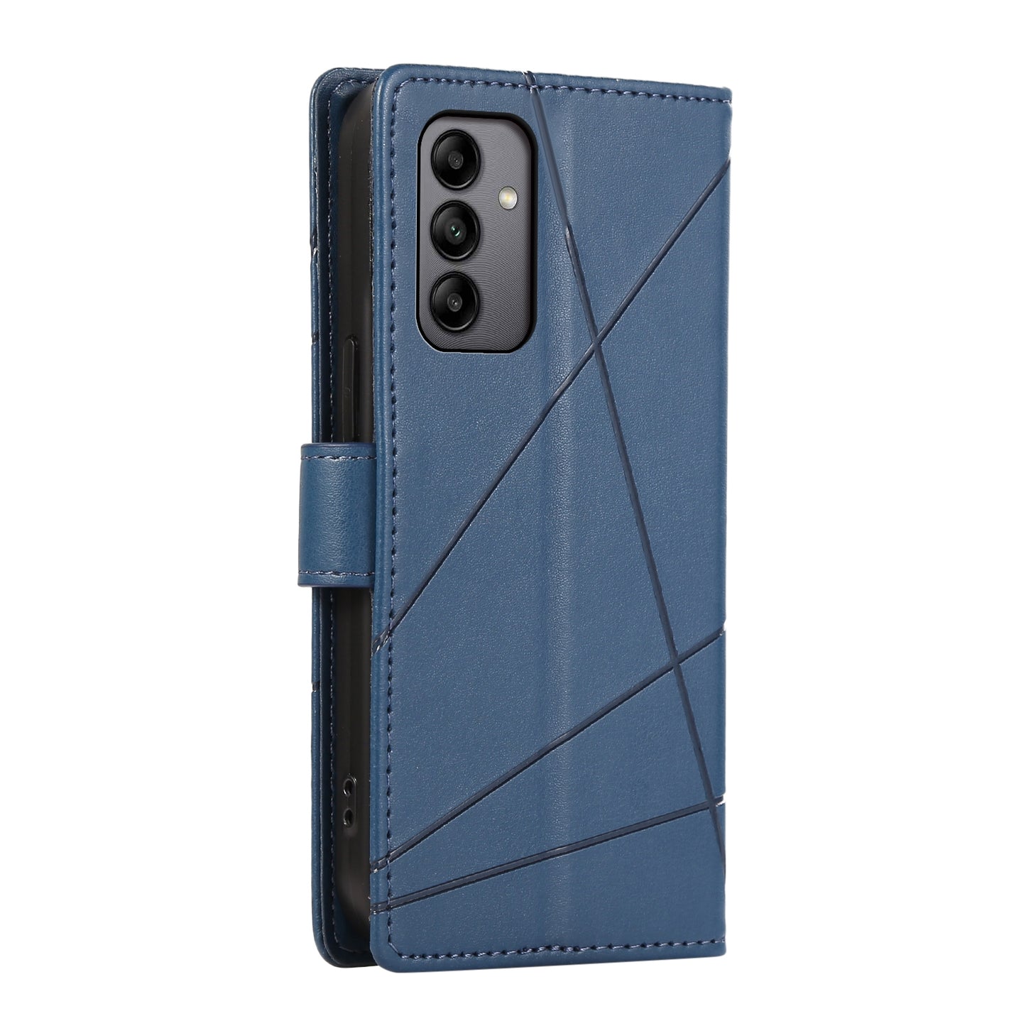 Samsung Galaxy A05s PU Genuine Leather Texture Embossed Line Phone Case with Card Wallet, Kickstand & Wrist Strap