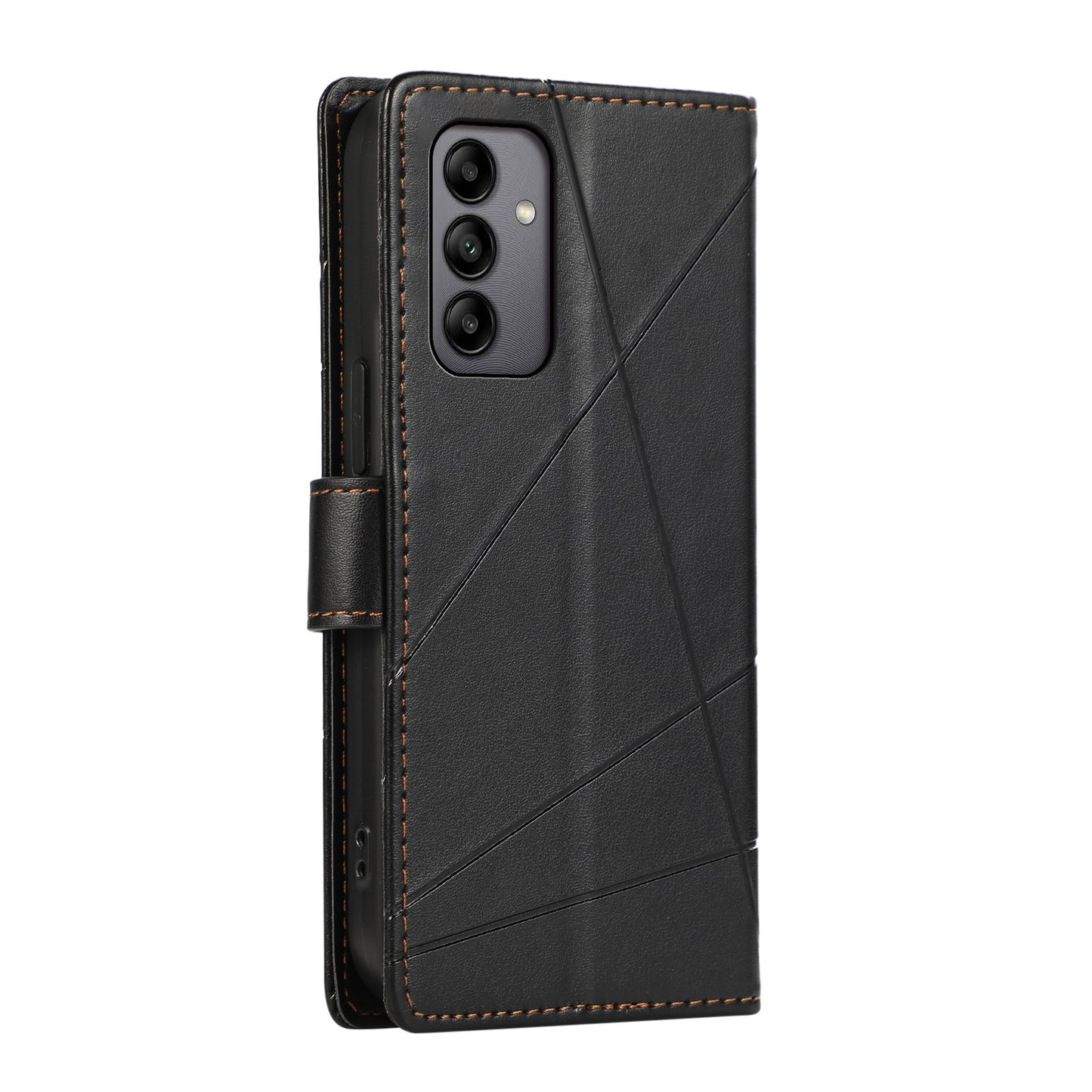 Samsung Galaxy A05s PU Genuine Leather Texture Embossed Line Phone Case with Card Wallet, Kickstand & Wrist Strap