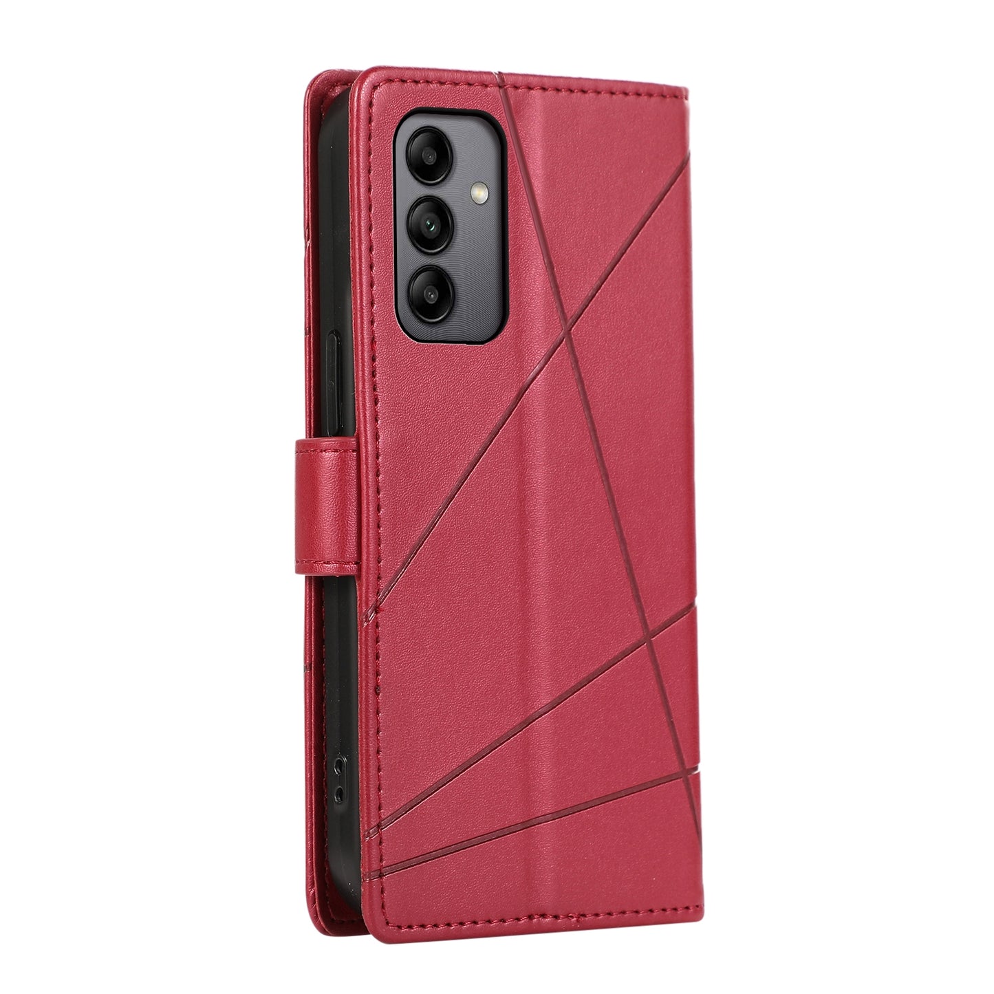 Samsung Galaxy A05s PU Genuine Leather Texture Embossed Line Phone Case with Card Wallet, Kickstand & Wrist Strap