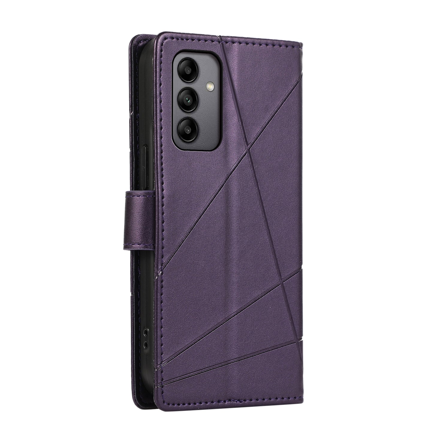 Samsung Galaxy A05s PU Genuine Leather Texture Embossed Line Phone Case with Card Wallet, Kickstand & Wrist Strap