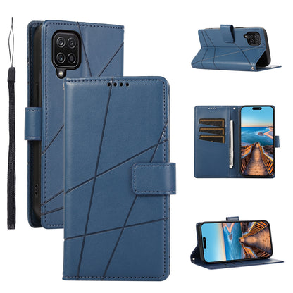 Samsung Galaxy A12 PU Genuine Leather Texture Embossed Line Phone Case with Card Wallet, Kickstand & Wrist Strap