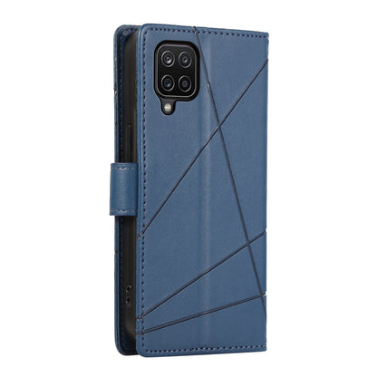 Samsung Galaxy A12 PU Genuine Leather Texture Embossed Line Phone Case with Card Wallet, Kickstand & Wrist Strap