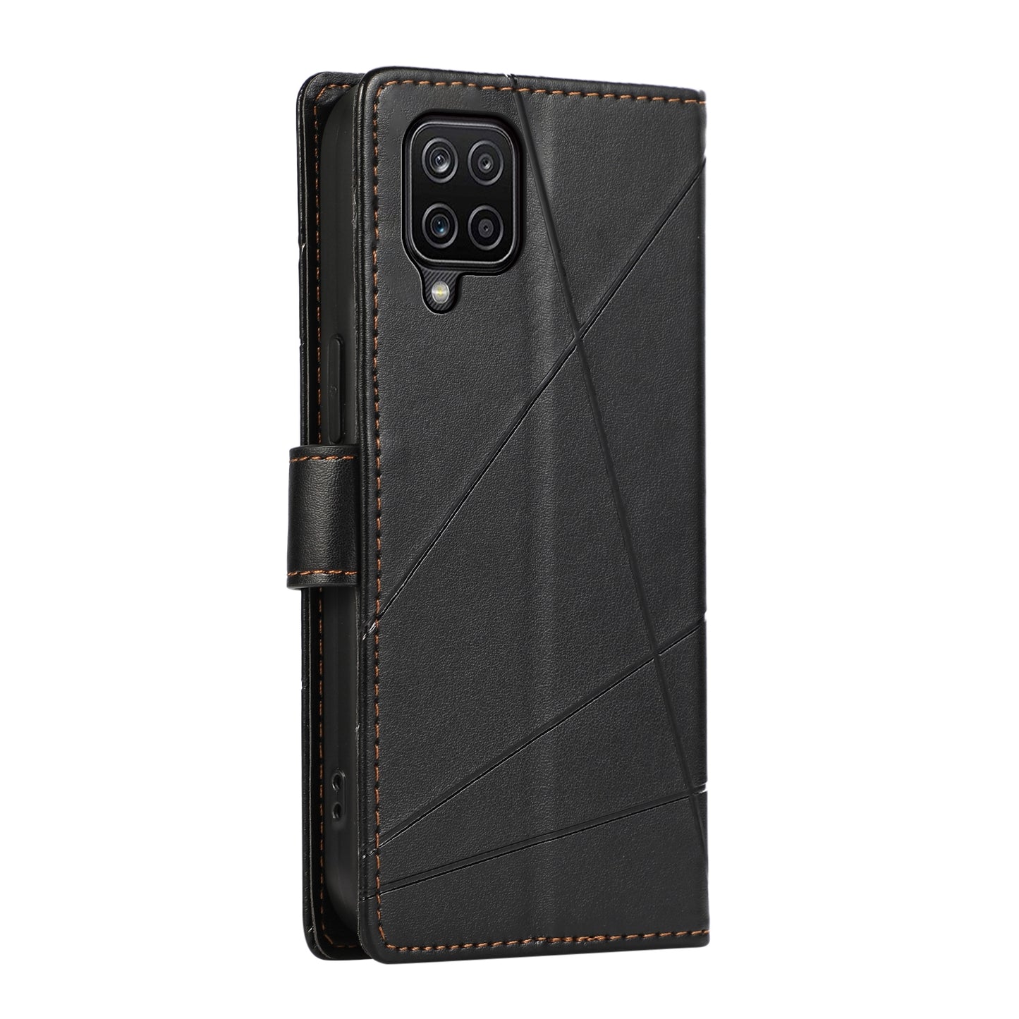 Samsung Galaxy A12 PU Genuine Leather Texture Embossed Line Phone Case with Card Wallet, Kickstand & Wrist Strap