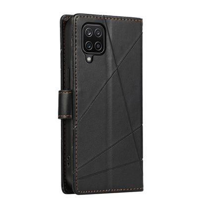 Samsung Galaxy A12 PU Genuine Leather Texture Embossed Line Phone Case with Card Wallet, Kickstand & Wrist Strap